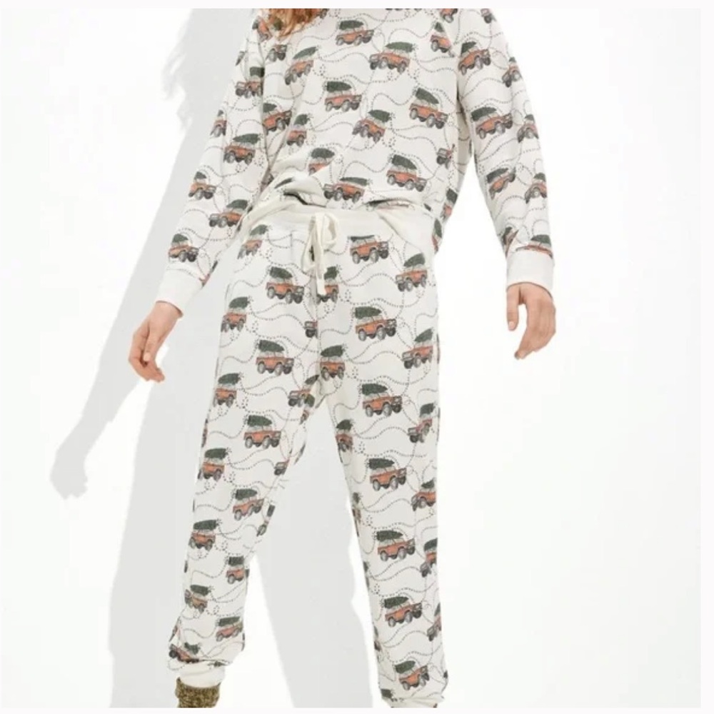 American Eagle Outfitters Cream Pajama Set with Green and Orange Camper Print